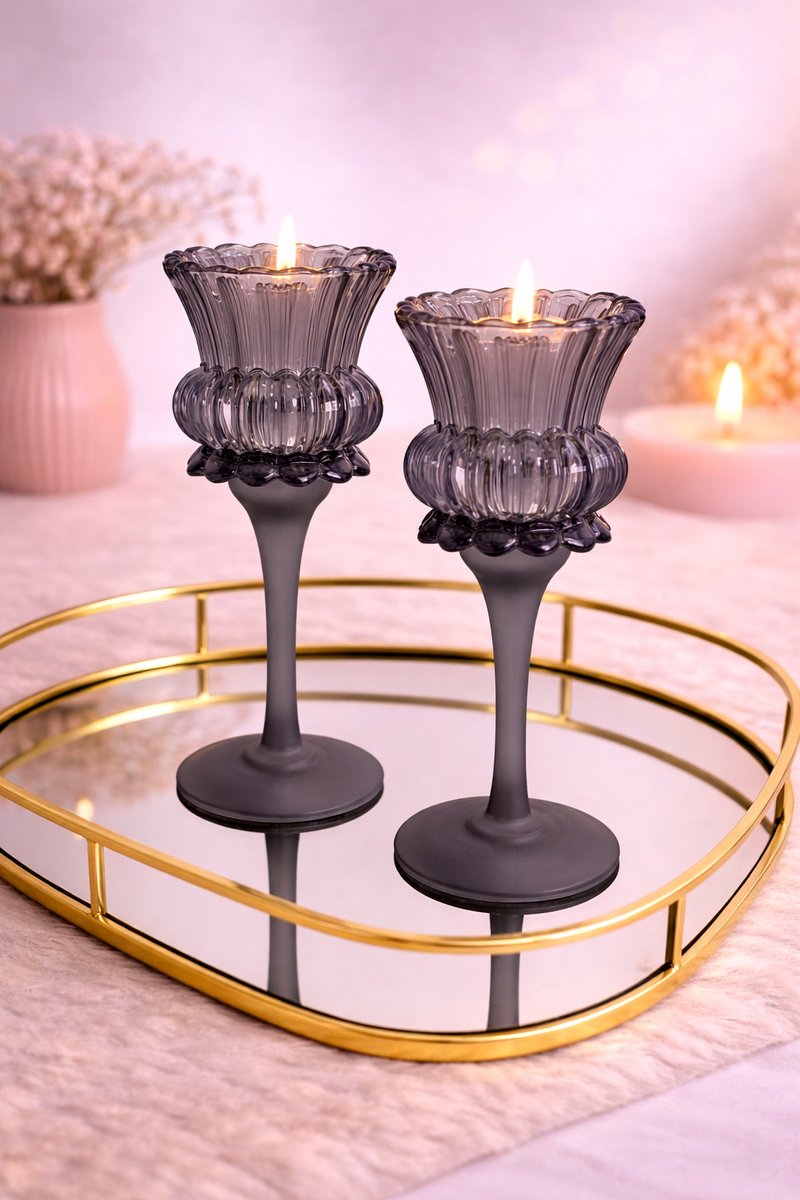 Glazen Tulp Glow Kandelaar – Smoke Grey! | Viva Femme | Kaarsen | Decoratie | Cadeau | Groot