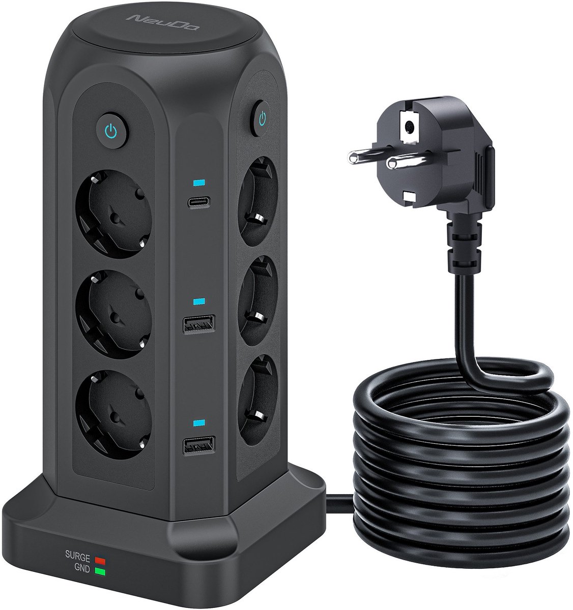 NEUE DAWN - Verticale Stekkerdoos met USB 4000w - 12-Voudige met 4 USB A, 2 USB-C poort - met Onafhankelijke schakelaar - Kabellengte 2 m