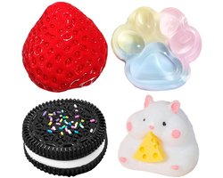 Anti-stress Squeeze Toy Set - 4 Stuks - Kawaii Squishies: Aardbei, Hamster & Kattenpoot - Sensory Fidget Toys voor Ontspanning - Zachte Siliconen Stressballen voor Kinderen & Volwassenen