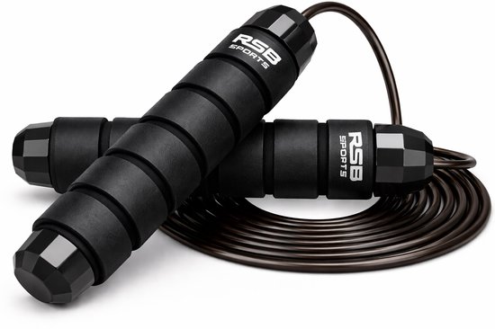 Zwart RSB Sports springtouw met geribde handvatten en donker koord.