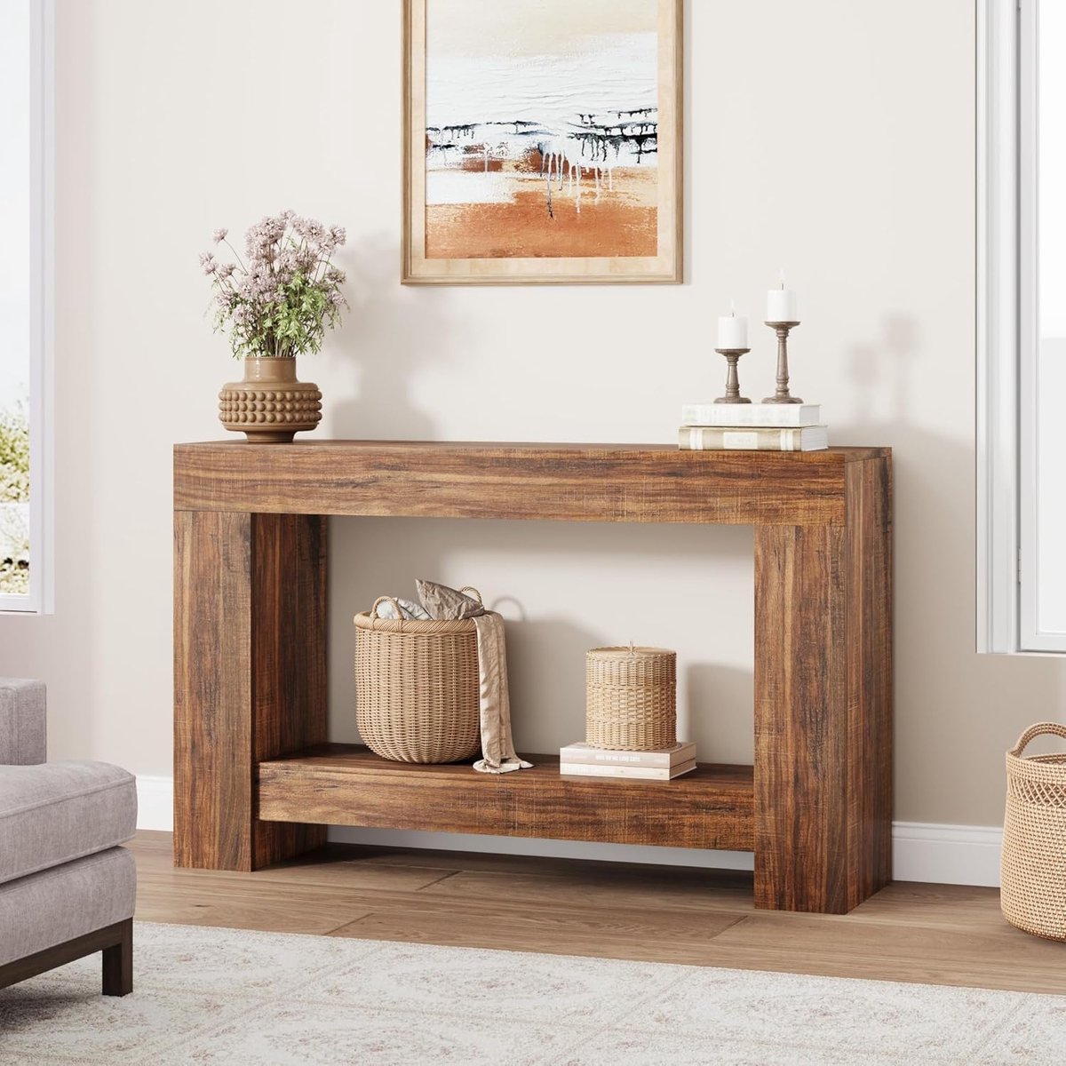 Haltafel - Bijzettafel - Bijzettafel in landelijke stijl van 120 cm lang - Lange bijzettafel met twee planken en opbergruimte - Bruine bijzettafel - Geschikt voor de woonkamer, hal en gang - 120 × 80 × 30 cm
