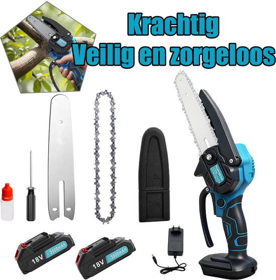 Elektrische mini kettingzaag 6 inch draadloos handzame kettingzaag op batterijen zaag geschikt voor hout zagen, snoeien, houtbewerking, inbegrepen 2 3.0mAh batterijen
