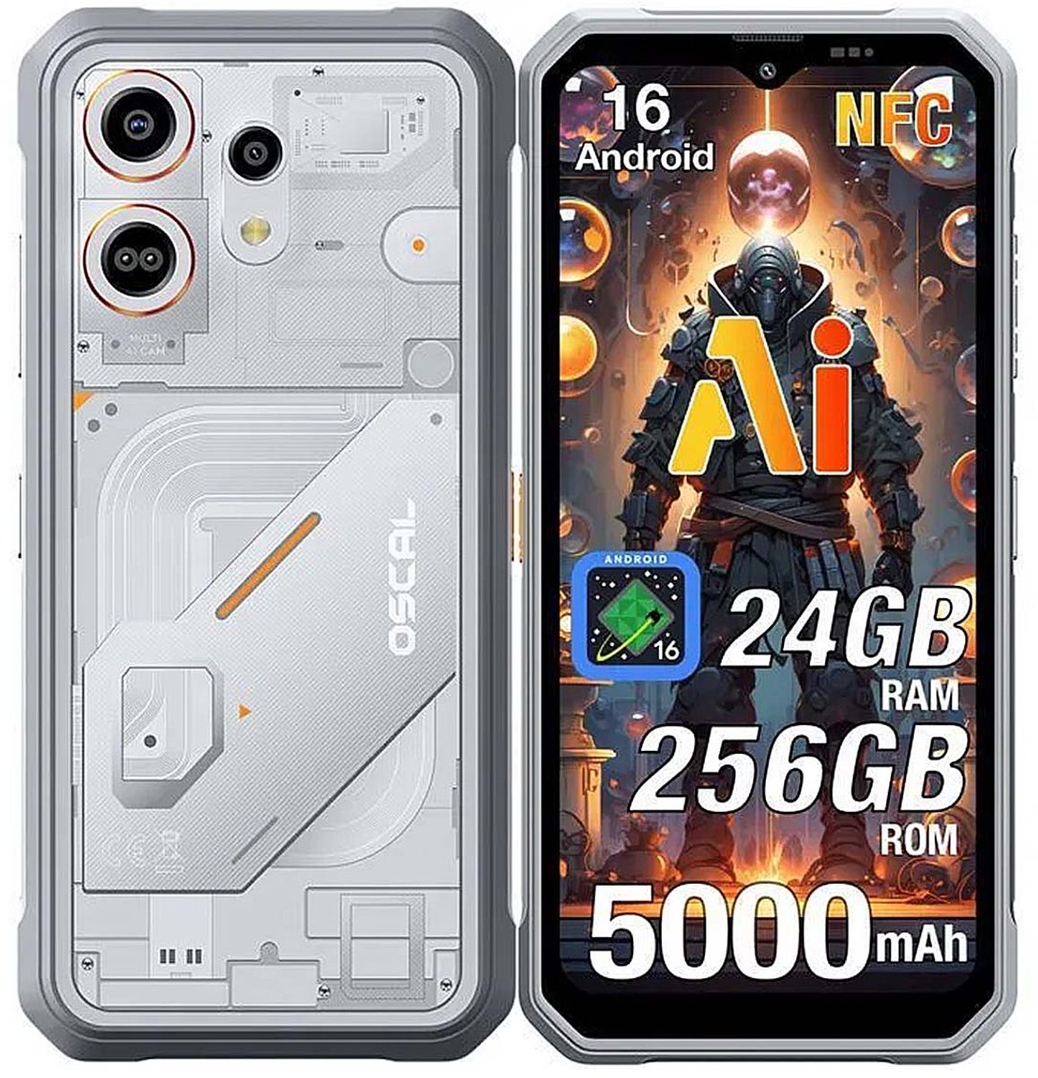 OSCAL MARINE 3 Robuuste Smartphone - 24GB RAM+256GB ROM - 5000mAh Robuuste Telefoon - 6,56 Inch - IP68 IP69K - Dual SIM 4G - Android 16 - BT5.0 - NFC GPS - Wit