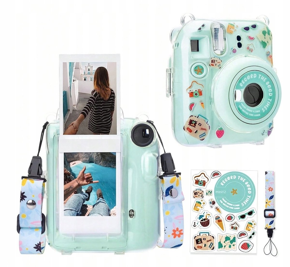 EtuiTab Serie - Transparante Beschermcase - FujiFilm Instax Mini 12 - Groene Stijl - Inclusief Nekriem en Stickers