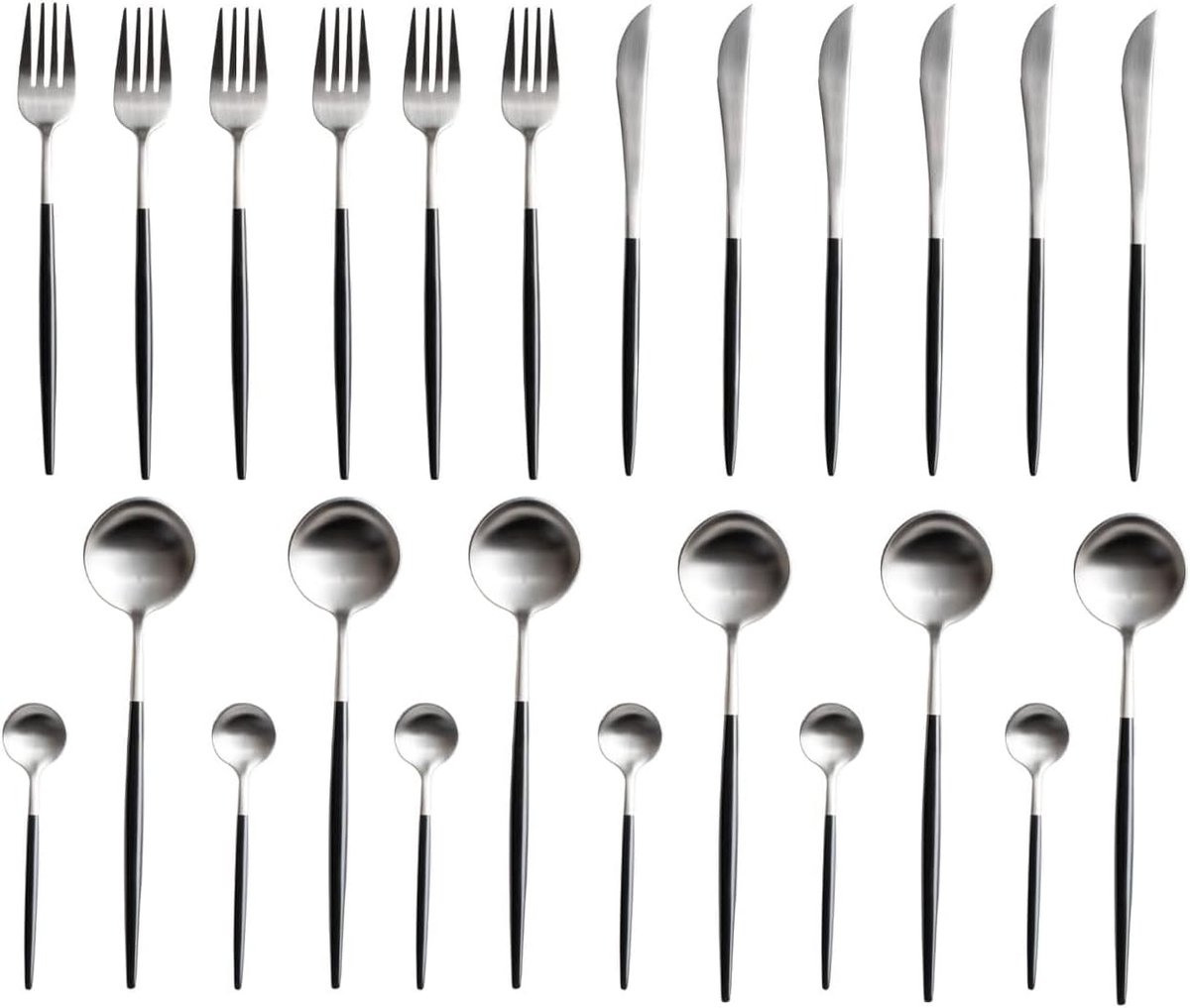 Bestekset 24-delig - Serviesgoed Tafelgerei - Formeel Diner - Modern Design - RVS 18/10 - Zwart