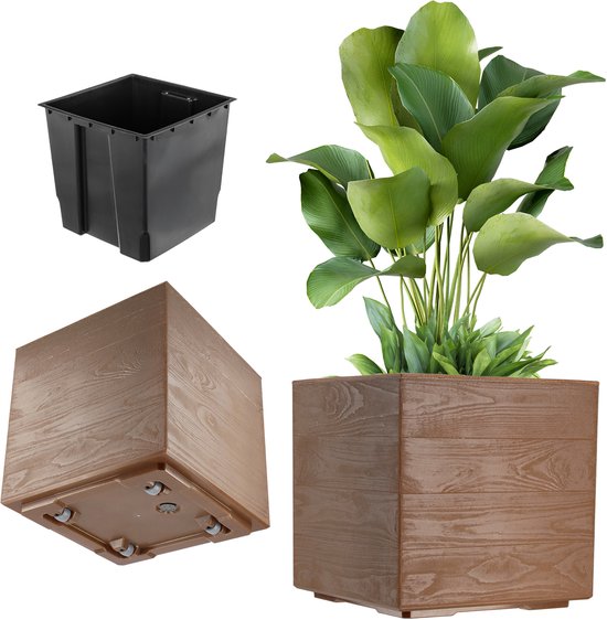 KADAX plantenbak op wielen, 39 x 40 cm, grote plastic bloempot met moderne betonlook, vierkante bloempot voor terras en tuin (bruin)