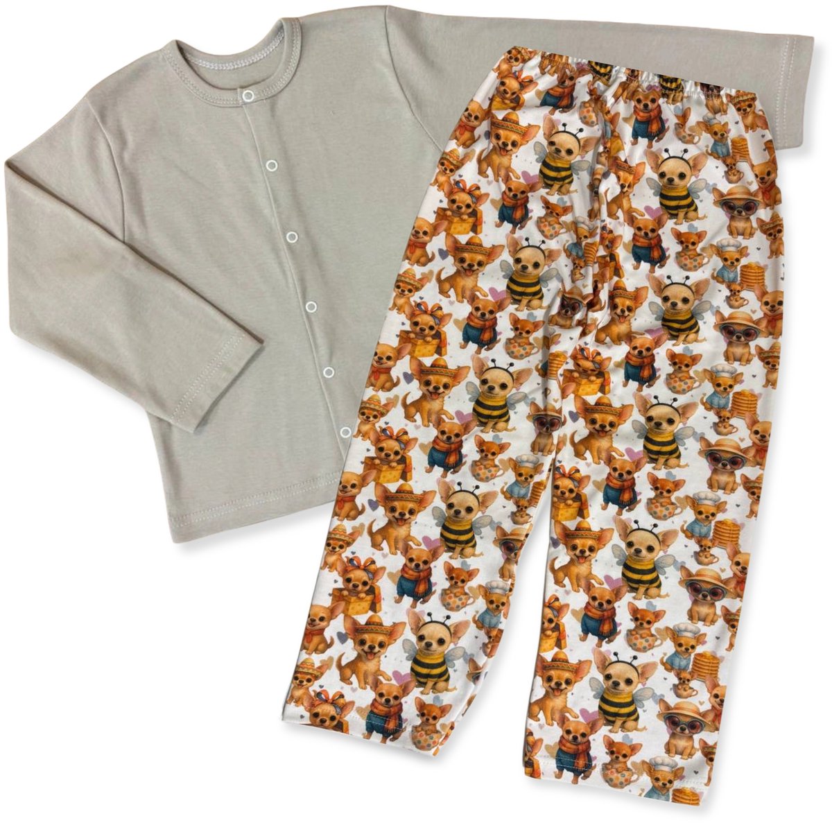 Dartomik - Katoenen Kinderpyjama - Maat 86 - Beige met Hondjes - Drukknopen