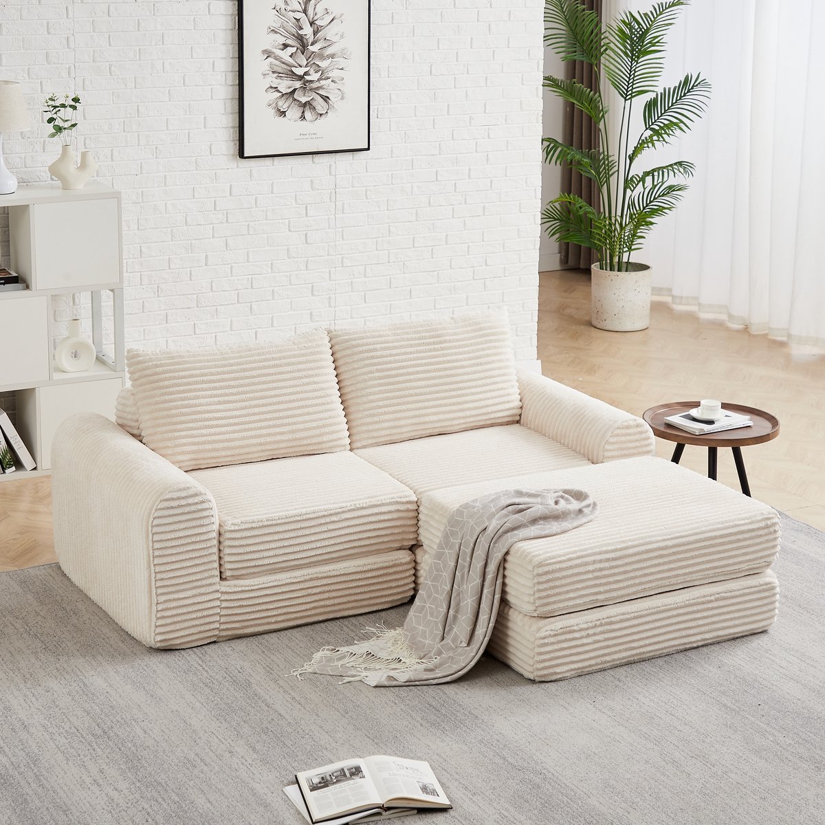 MODFU - Modulaire Slaapbank - 2-In-1 - Met Verplaatsbare Hocker En Gebogen Armleuningen - Voor Woonkamer - Cordstof - Beige