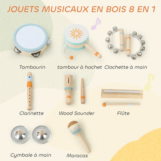 Houten muziekinstrumenten: tamboerijn, trommel met rammelaar, handbellen, klarinet, houtklankmaker, xylofoon, cimbalen en maracas.