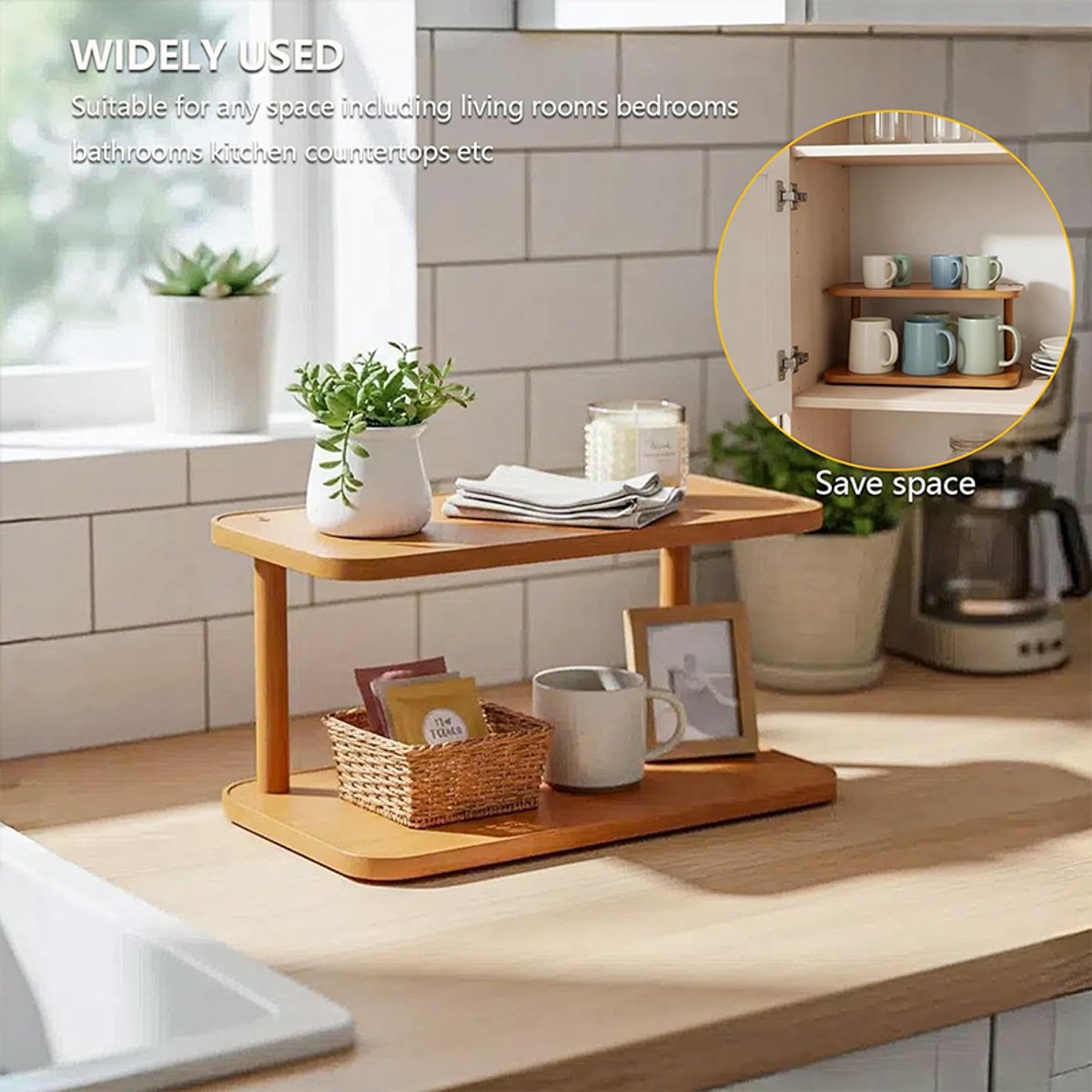 Displayrek voor op het aanrecht - Dubbellaagse bureau-organizer - plank - bekerhouder voor op het bureau - opbergrek voor op de eettafel - 30x14x14.5cm - bruin - geschikt voor kantoren, studentenkamers, keukens en badkamers — cadeau in Cadeau-ideeën - foto 5