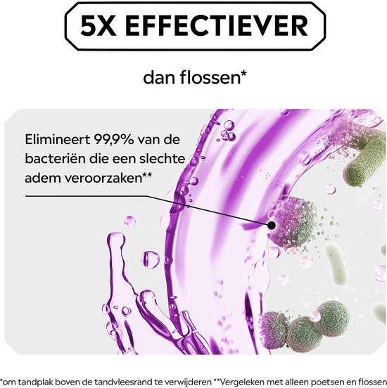 Listerine is 5x effectiever dan flossen. Paarse vloeistof met bacteriën, waaronder 99,9% van slechte adem veroorzakers.