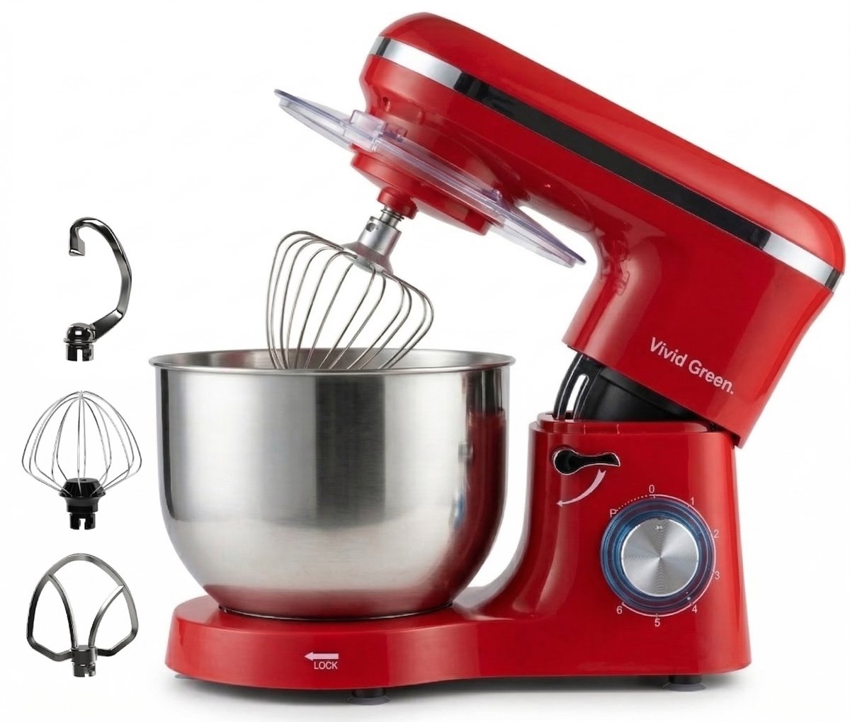 Keukenmachine 2000W - Keukenrobot - Foodprocessor - Keukenmixer met RVS Mengkom - Incl. 5 Accessoires - 6.2L - Rood - Vivid Green