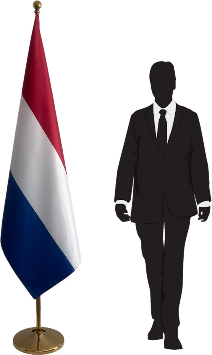 Nederlandse vlag 100x150 cm met RVS voet en telescopische mast – Ø360 mm – goudkleurig – bol Ø56 mm – premium kwaliteit