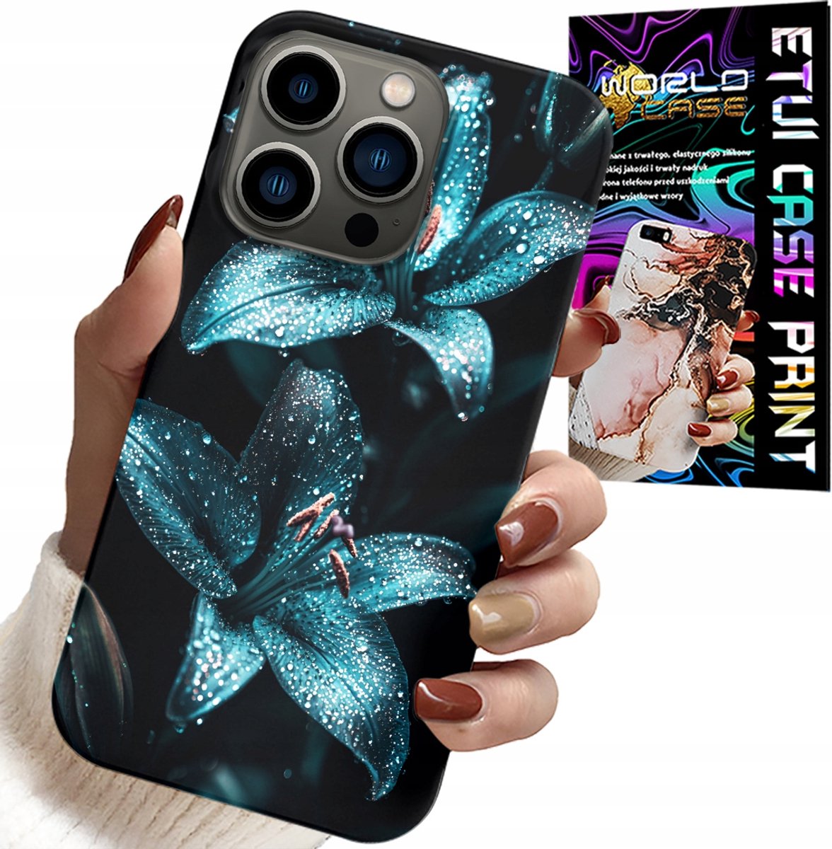 HOESJE VOOR IPHONE 15 PRO MAX - TURKOOZE LELIES BLOEMEN BEHUIZING + GLAS