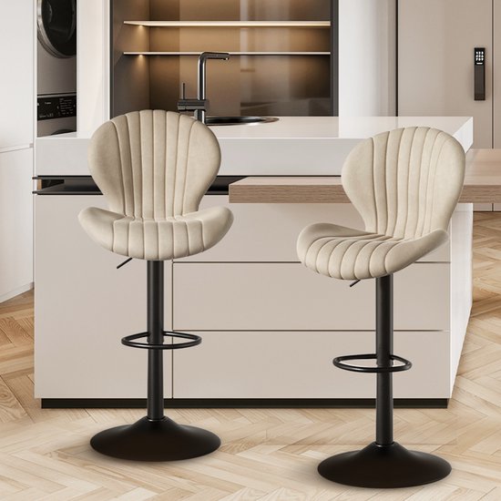 Hawthyhome Tabouret de bar Scandinave - Set de 2 - Beige - Chaises de bar avec dossier - Réglable - Tissu - Chaise de cuisine
