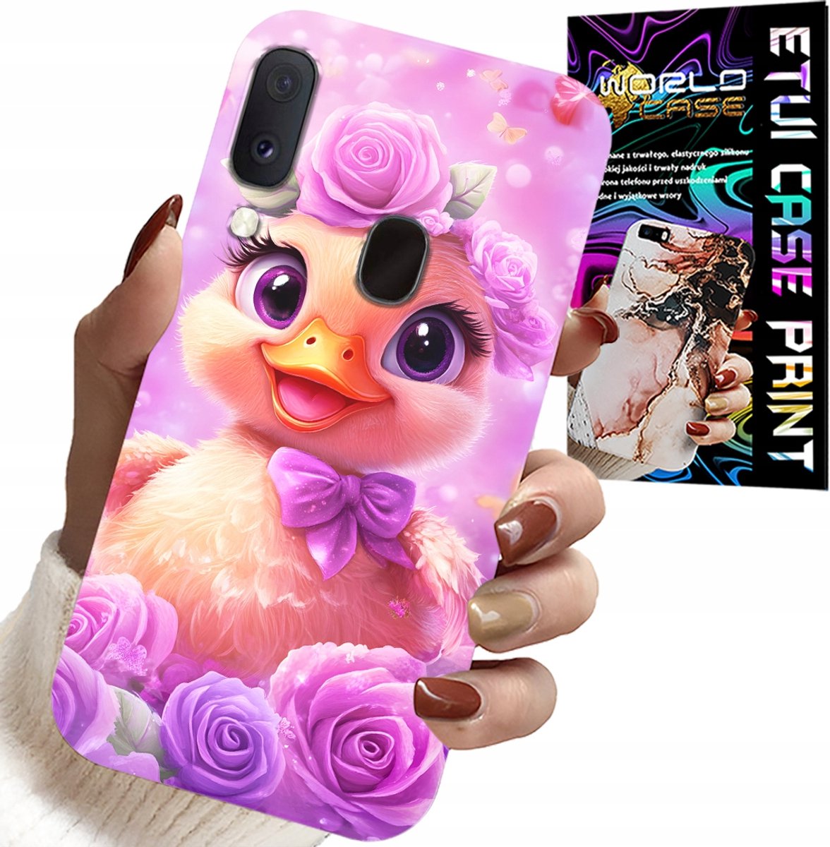 HOESJE VOOR SAMSUNG GALAXY A20E - SCHATTIG EENDJE OP EEN ROZE ACHTERGROND