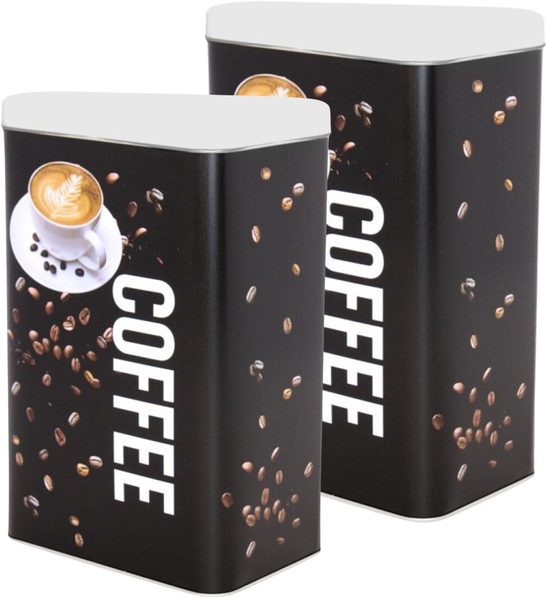 Koffie / bewaarblik - 2x stuks - zwart - koffie print - 19 en 16 cm - stijlvol en functioneel