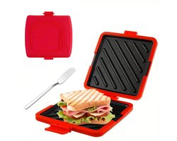 Draagbare Siliconen Tosti Maker met Boter Mes - Broodrooster - Non-Stick Sandwich Pers voor Magnetron - Rood - Ontbijt Gadget - 16x16x3 cm