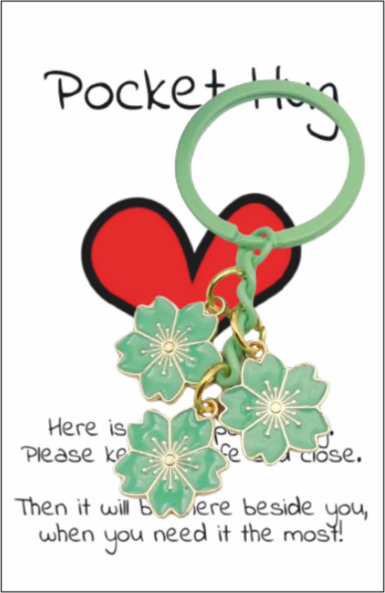 Pradeo - Bloemetjes - Sleutelhanger - Gelukshanger - Hangertje - Bloemen - Flowers - Key Chain - Pocket Hug - Klein Cadeau / Geschenk - Met Kaartje Met Tekst - Groen