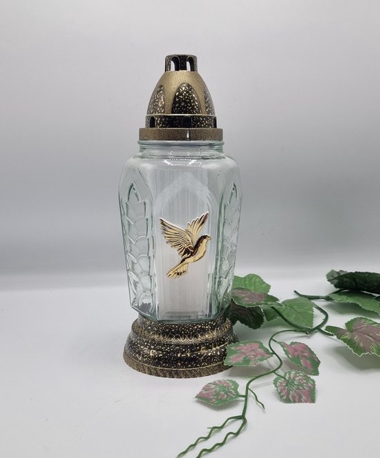 Herdenkingslicht - R573C - Goud - Duif - Grafkaars - Graflicht - Graflantaarn - Grafdecoratie - Windlicht