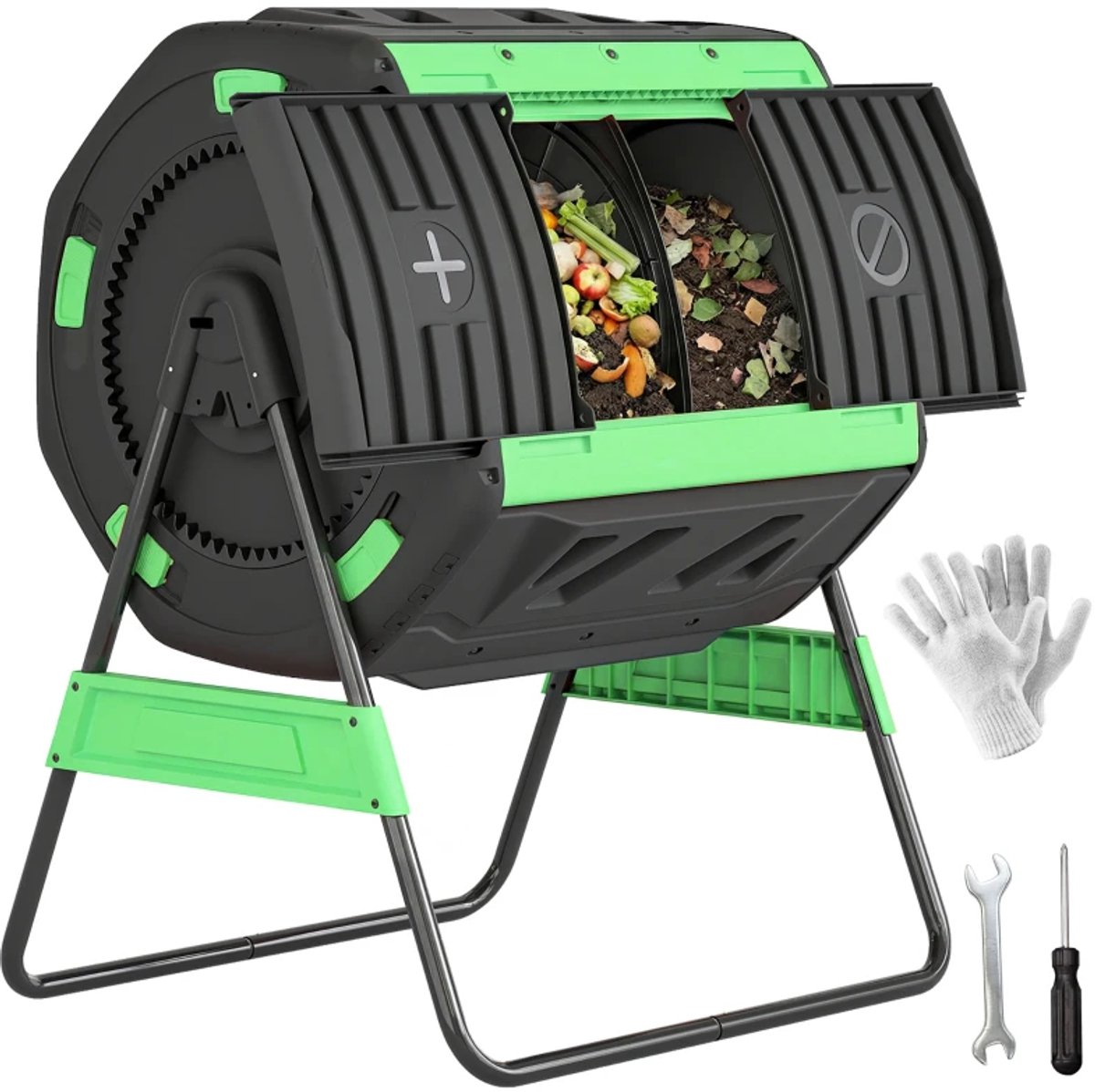 Compostvat - Compostbak met 2 Compartimenten - 360° Draaibaar - 200L - Verstelbare Ventilatiesleuven - Groenafval - Compost - Compostbakje - Composter - Afval & Recycling - Afvalbak - Tuin - voor Buiten - BPA-vrij - Groen + Zwart