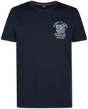 Donkerblauw T-shirt met kleine grafische print op de borst: bloemen en tekst "Tijuana To La Paz".