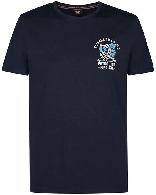 Donkerblauw T-shirt met kleine grafische print op de borst: bloemen en tekst "Tijuana To La Paz".