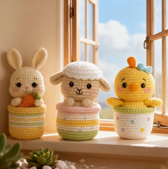 Haakpakket Pasen – DIY Paasdecoratie Haken Konijn Lammetje Kuiken – Compleet Hobbypakket
