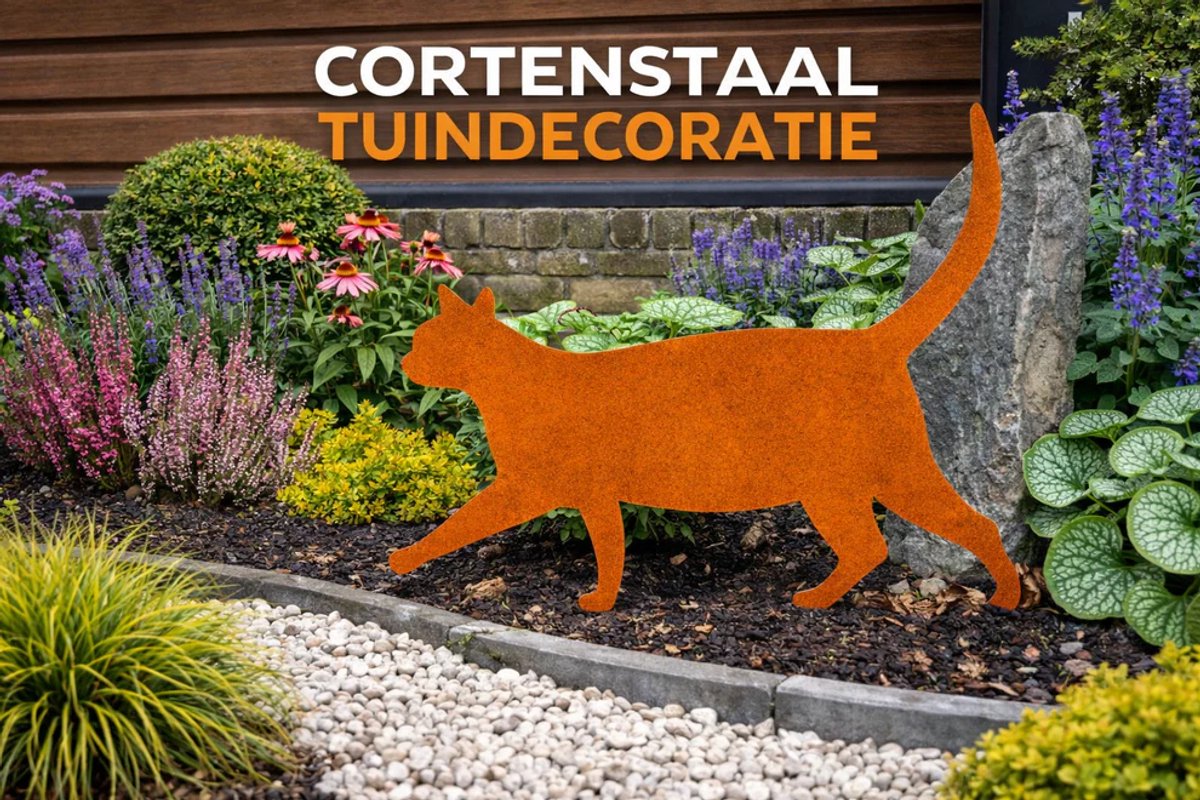 Roestige Kat lopend - Tuindecoratie – Cortenstaal - Metalen Silhouet voor in de grond – Lokaal Geproduceerd - Grondprikker - Tuinornament -Tuinprikker