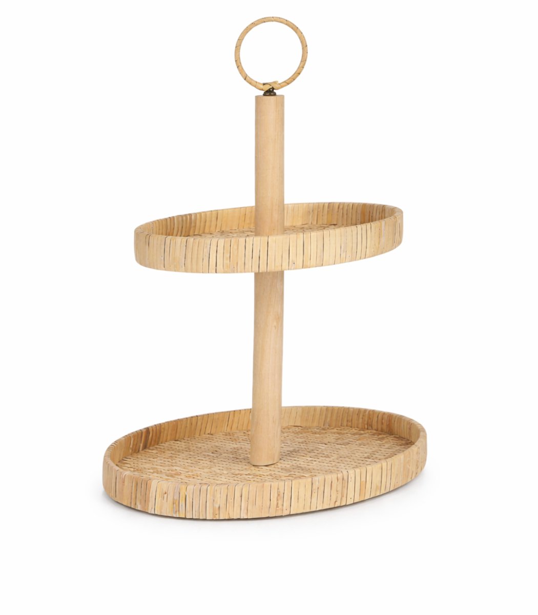 Arti Casa dienblad rotan met 2 lagen - etagère van hout in landelijke stijl - ovale vorm - zwart - afmetingen 27,5 x 27,5 x 40 cm - 2 jaar garantie - ideaal voor snacks en decoratie