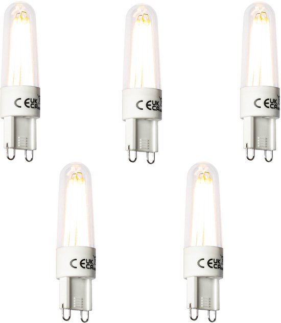 Lot de 5 ampoules LED G9 avec capsule transparente et base blanche, marquage CE UK CA.