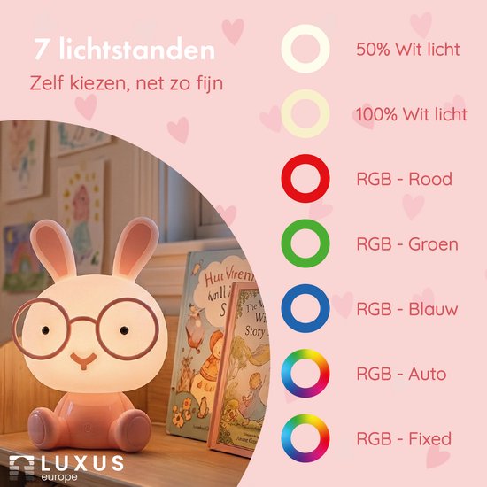 Luxus Nachtlamp Kinderkamer Bunny - Roze - Nachtlampje baby - Voor kinderen - Slaapkamer - 7 kleuren licht - RGB - Bluetooth speaker - Draadloos - Oplaadbaar van Merkloos — afbeelding 4