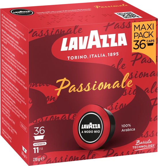 Lavazza A Modo Mio Passionale koffiecups in een rode verpakking met het Lavazza logo en de tekst 'Passionale'. Maxi Pack met 36 cups, 270g.