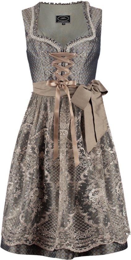 Dirndljurk in taupe met een korsetsluiting van satijnen linten. De jurk heeft een all-over kantpatroon en glinsterende details.