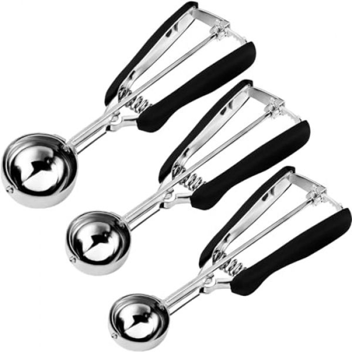 Zwarte RVS Ijsbolletjeslepel Set (3 Maten) – 304 Roestvrij Staal met Uitwerper – Voor IJs, Koekjesdeeg & Puree