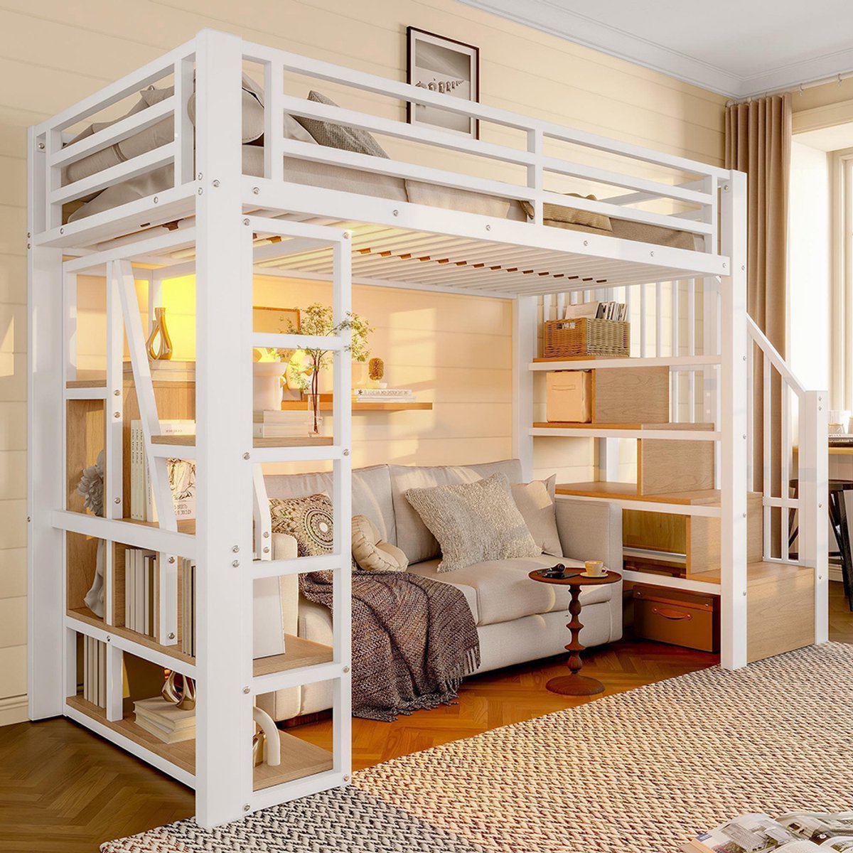 KOMHTOM Hoogslaper, 90 x 200 cm, stalen frame, opbergruimte, geïntegreerde trap, veiligheidshek, ladder, met LED-lichtstrip, open opbergruimte onder het bed, matras niet inbegrepen, wit