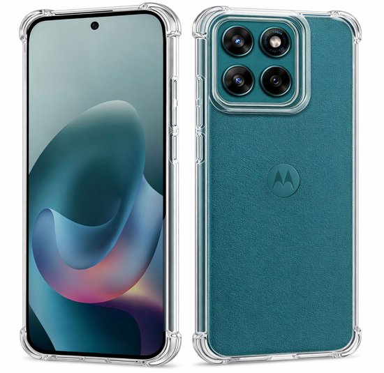 Coque transparente pour téléphone Motorola, avec dos turquoise et quatre caméras.