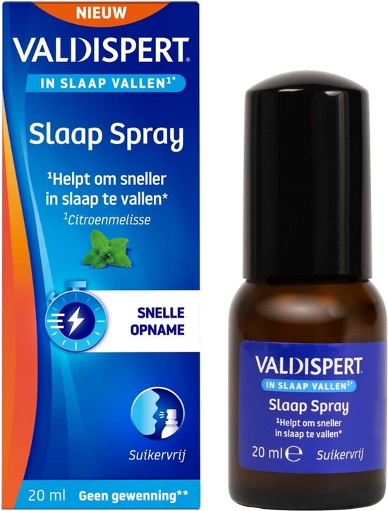 Valdispert Slaap Spray: blauwe doos met oranje accenten, met flesje slaap spray. Suikervrij, 20 ml.