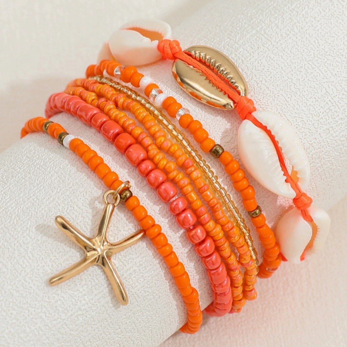 WiseGoods Luxe Dames Armbanden Set 7-Delig Met Schelpjes & Zeester - Armbandjes Elastisch - Zomer Armband - Sieraden - Oranje