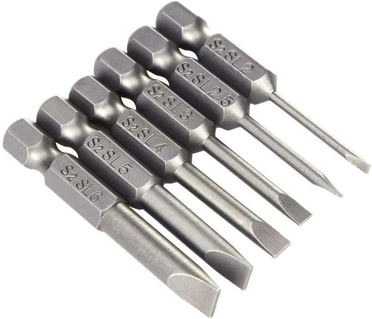 Sleufschroevendraaier Bits 6 STKS 2-6 mm Platte kop Schroevendraaier Bits - S2 Legering Staal - Magnetische Hoofd Zeskant Schachtschroevendraaier - Boren Set 100mm ZILVER .