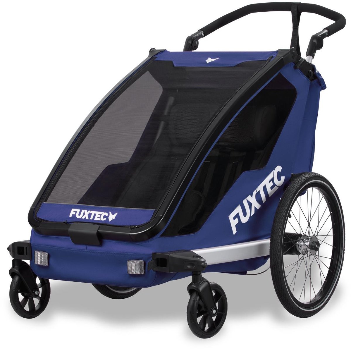 Blauwe fietskar - FUXTEC Sport Cruiser - max. belasting 45kg, 2 x 5-puntsgordels, opvouwbare kinderwagen