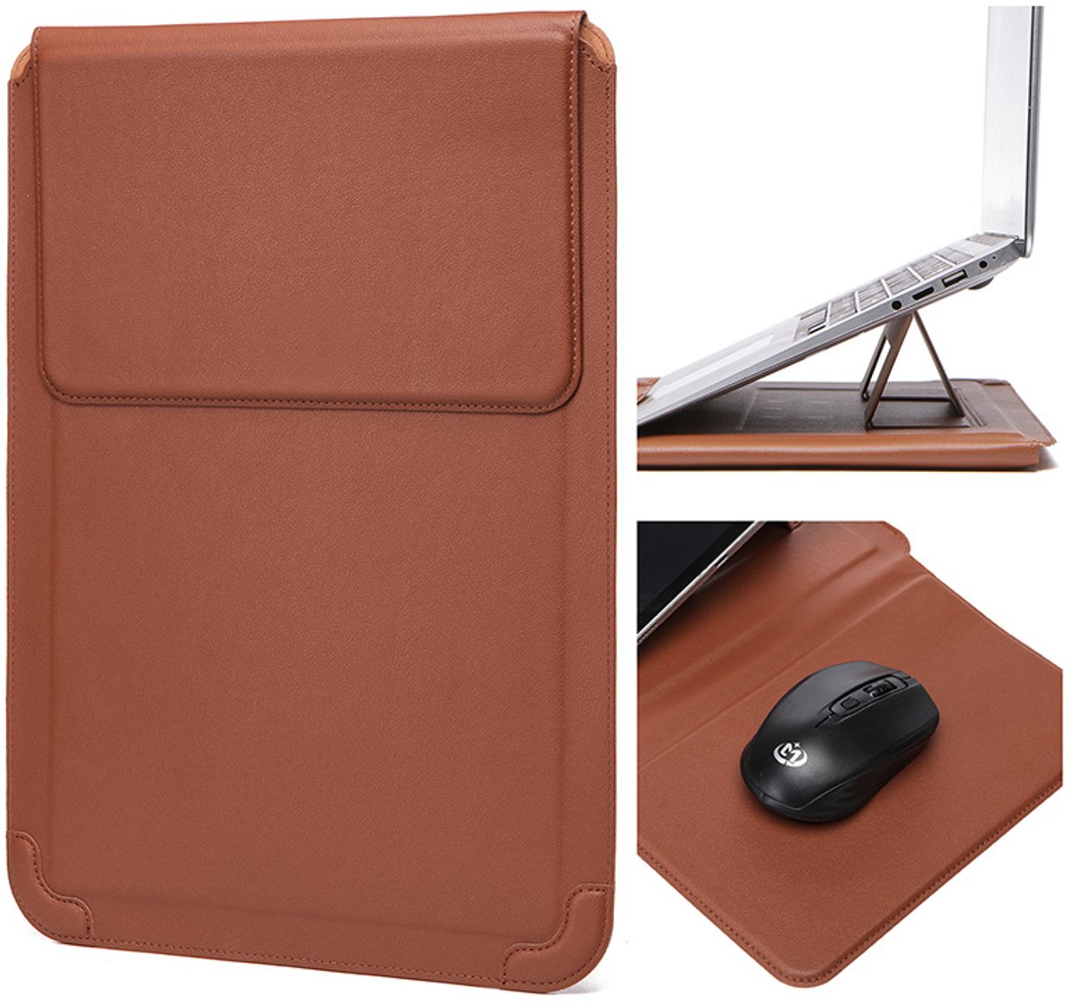 Leren laptoptas, laptophoes, laptopkoelstandaard voor laptops van 14 inch, Geel