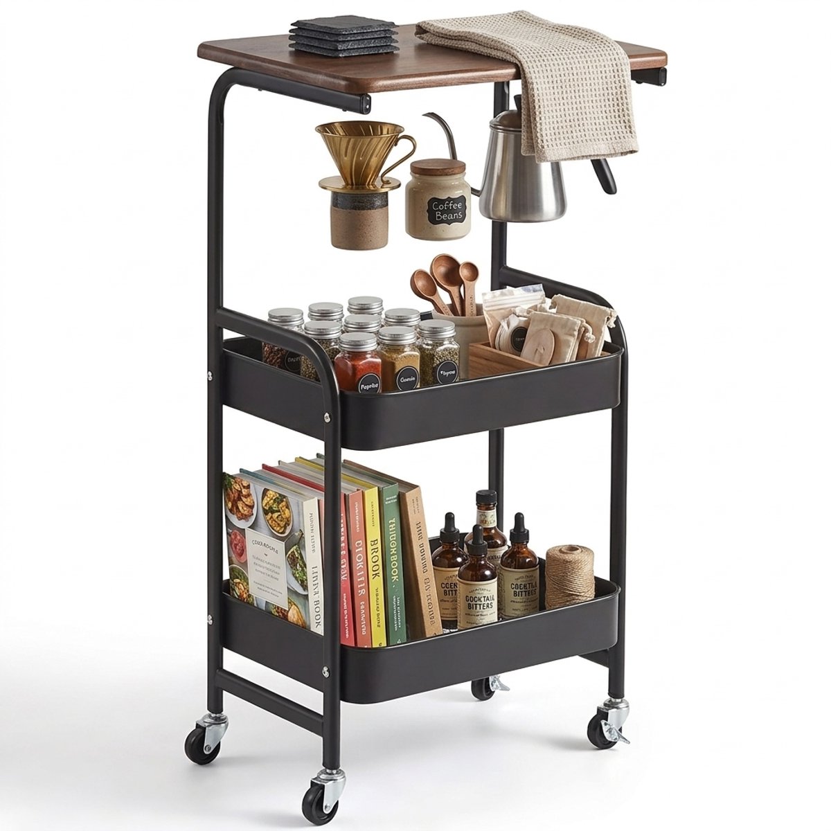 Hearyoo Rolwagen 2 Niveaus – Keukentrolley met Wielen en Rem – Compacte Opbergwagen – Voor Keuken, Badkamer en Woonkamer
