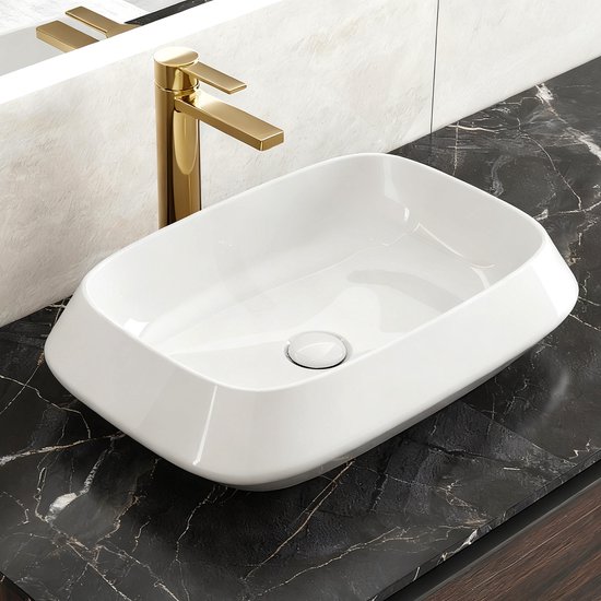 HOROW Lavabo à poser rectangulaire en céramique - Lavabo pour salle de bain et toilettes pour invités - 520x350x146 mm - blanc pour salle de bain et toilettes pour invités