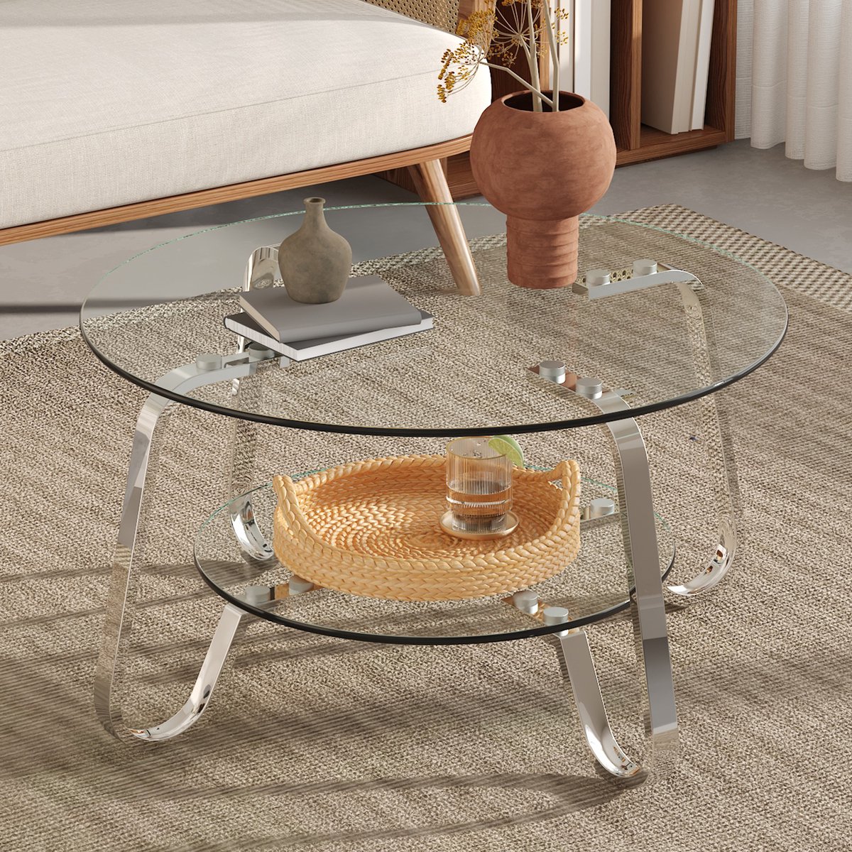 Wishdor Luxe Ronde Salontafel (Ø 80 cm) - Glazen Koffietafel met 2 Niveaus - Zilver Metaal Frame - Transparant