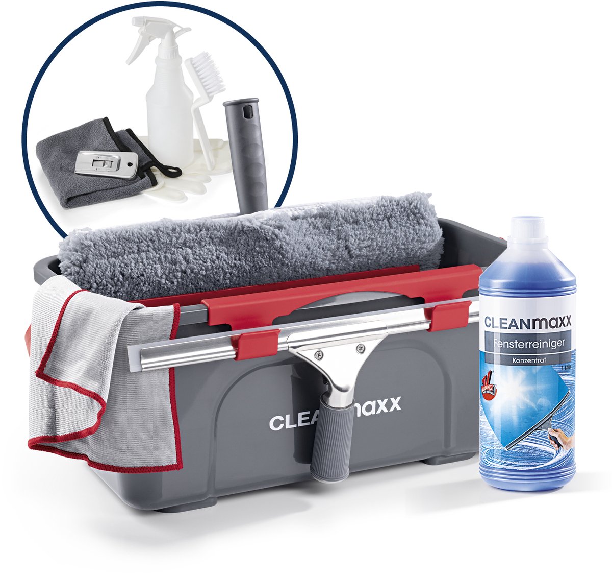CLEANmaxx professionele ruitenreinigingsset, 13-delig | Professionele ruitenreinigingsset met ruitenkrabber – voor huis, auto en meer | inclusief ruitenwisser, ruitenkrabber, emmer, concentraat, microvezeldoek enz.