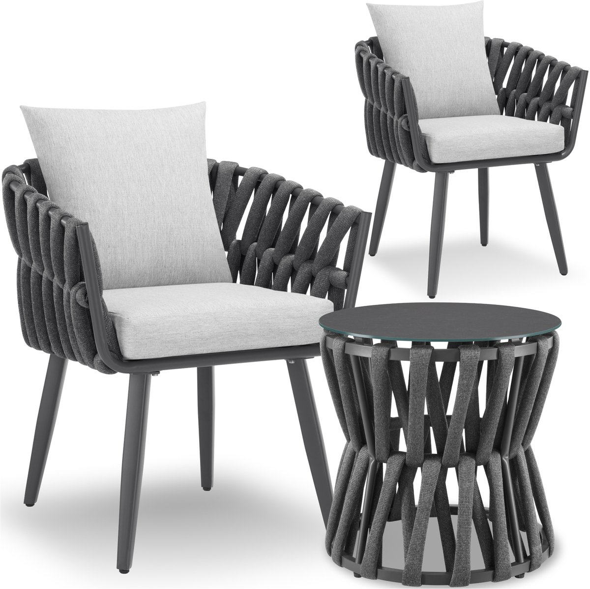 tectake® Tuinset Lugano - Tuinstoelen - 2 Loungestoelen met Bijzettafel - Buitenstoelen in Rope-Design met Aluminium Frame - Buiten Fauteuils met Dikke Kussens - Loungeset voor Tuin of Balkon - Terrasstoelen - UV- en Weerbestendig