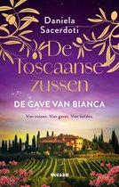 Boekomslag met gouden takken en olijven boven de titel 'De Toscaanse zussen 2 - De gave van Bianca' en een Toscaanse villa met wijngaarden.