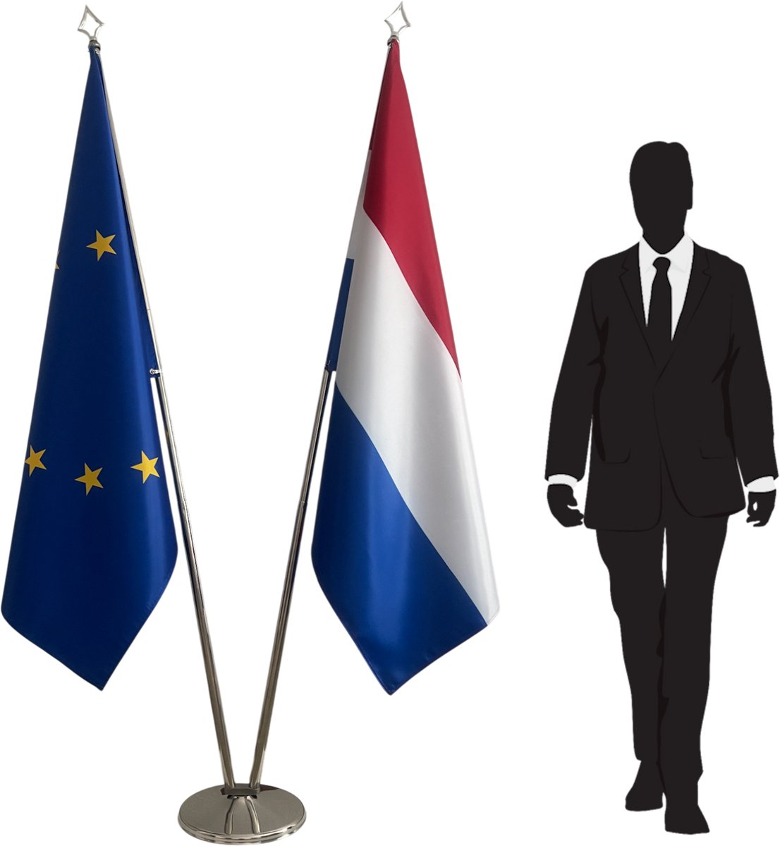 Nederlandse vlag + EU vlag met standaard - set van 2 vloervlaggen - RVS voet 3 kg - telescopische mast met lanspunt - 2,5 m
