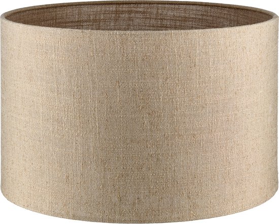 Abat-jour cylindrique en lin beige, gros plan de la texture.